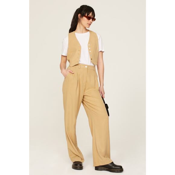 DONNI Twill Pleated Tan High Waist Wide Leg Trouser Pants Size Small - Picture 1 of 15